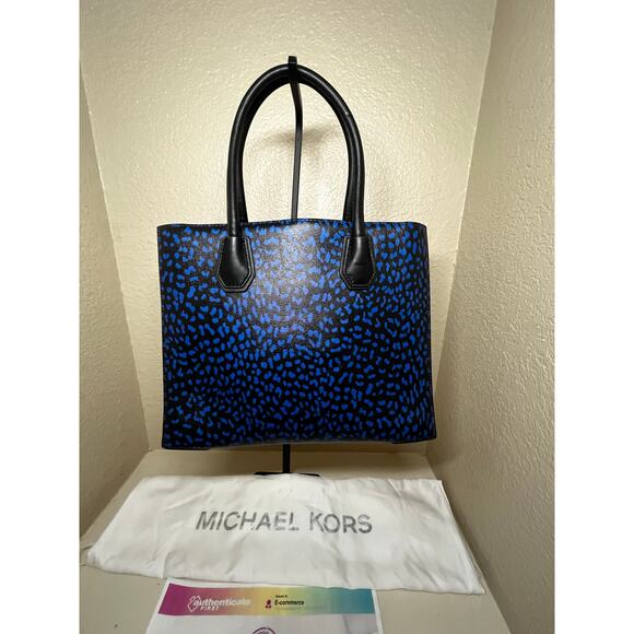 NWT Michael Kors Black Electric Blue Leopard Saffiano Mercer Large Tote - Picture 6 of 16